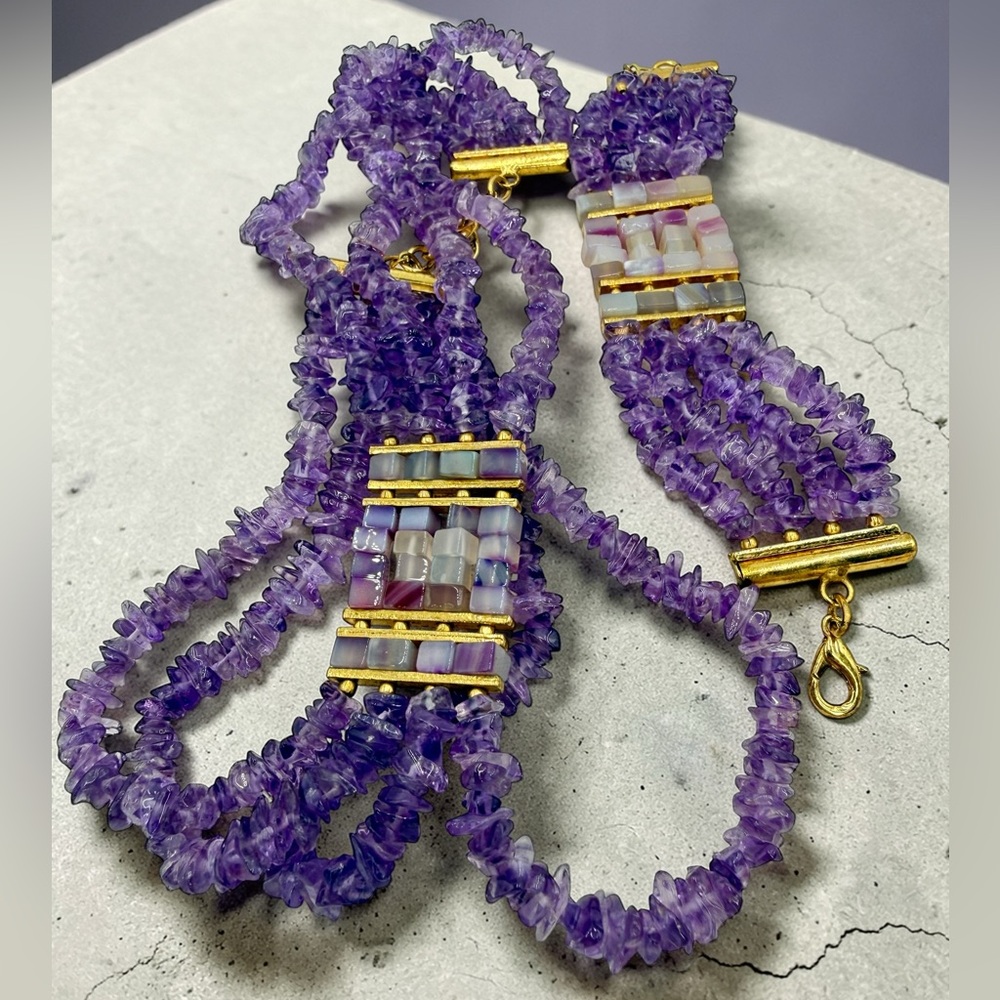 Amethyst Multi Strand Choker Necklace & Bracelet Set Mosaic Agate 161g Stunning - Picture 10 of 17